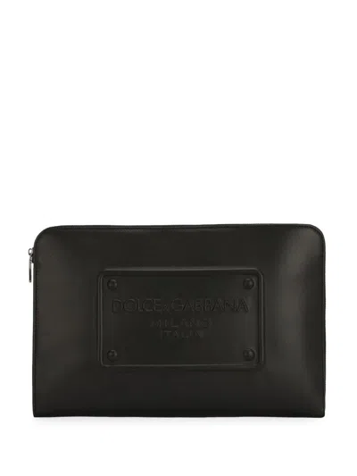 Dolce & Gabbana Logo Embossed Zipped Clutch Bag In Black