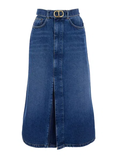 Twinset Belted Midi Denim Skirt In Blu