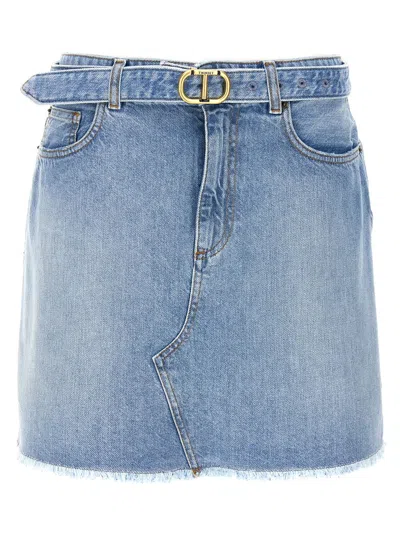 Twinset Logo Buckle Denim Skirt In Blue