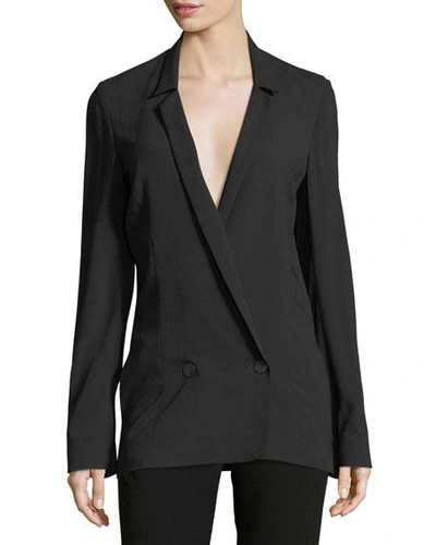 Halston Heritage Long Double-breasted Wool-blend Suiting Blazer In Black