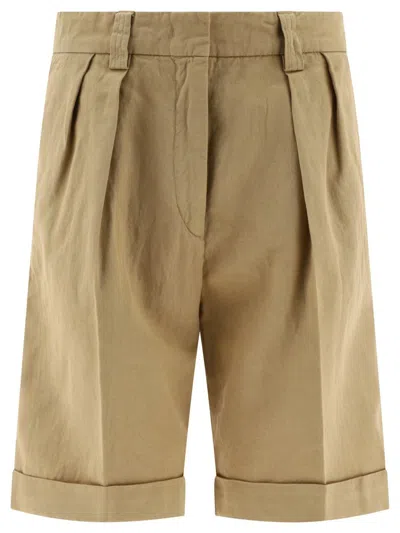 Aspesi Pleated Cotton Twill Shorts In Khaki