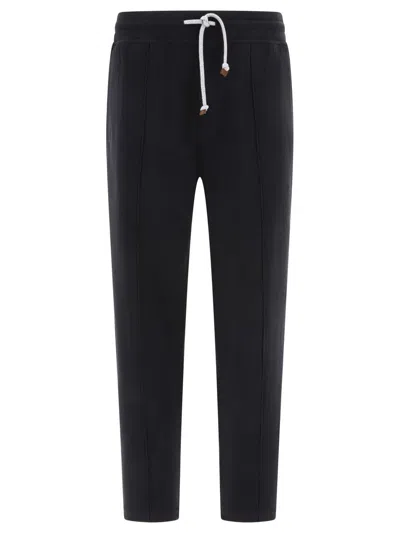 Brunello Cucinelli Techno Cotton French Terry Trousers With Crête Detail In Black