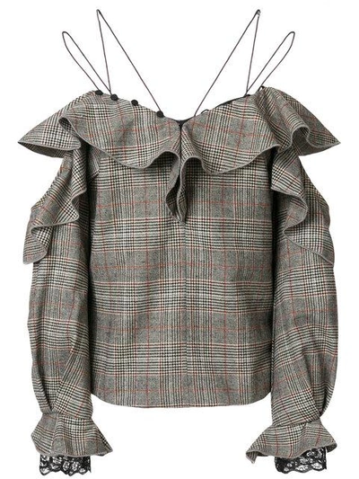 Self-portrait Off-the-shoulder Check Wool Frill Top In Checkered & Plaid,neutrals