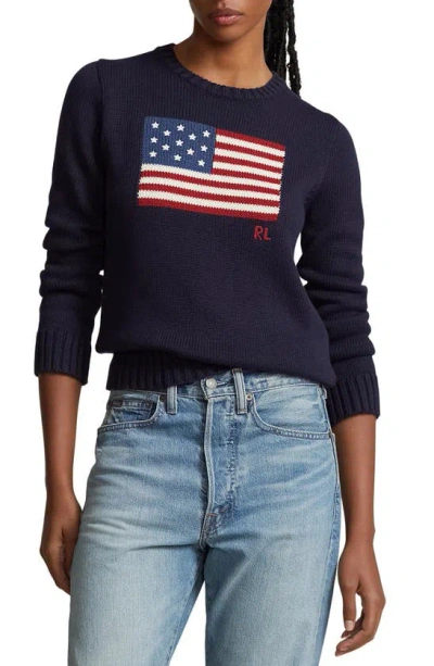 Polo Ralph Lauren Flag Cotton Crewneck Sweater In Blue
