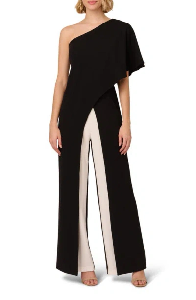 Adrianna Papell One-shoulder Crepe Overlay Jumpsuit In Black Ivory