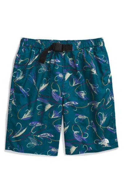 The North Face Kids' Amphibious Print Belted Shorts In Blue Moss Gone Fishing Print