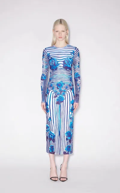 Jean Paul Gaultier White And Blue Flower Body Morphing Midi Dress