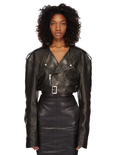 Rick Owens Cropped Leather Biker Jacket In 09 Black