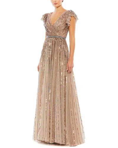 Mac Duggal Sequined Wrap Over Ruffled Cap Sleeve Gown In Beige