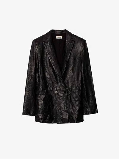 Zadig & Voltaire Zadig&voltaire Womens Noir Visko Double-breasted Creased-leather Jacket In Black