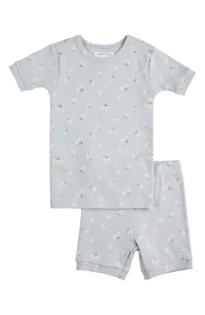 Petit Lem Kids' Daisy Print Organic Cotton Rib Fitted Two-piece Short Pyjamas In Blue Light