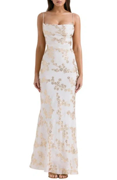 House Of Cb Caprina Embroidered Floral Trumpet Gown In White Gold