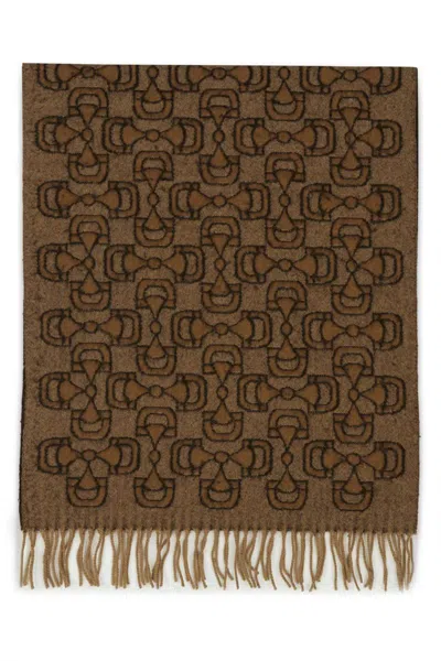 Gucci Graphic Motif Fringed Scarf In Beigebrown