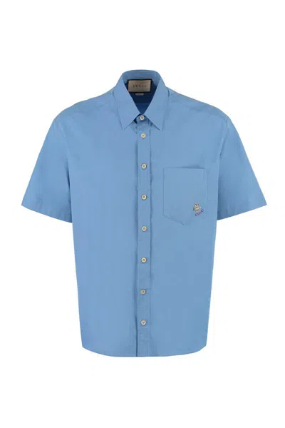 Gucci Logo Embroidered Buttoned Shirt In Blue