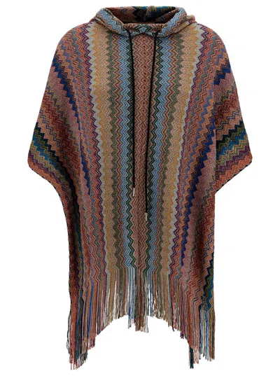 Missoni Multicolor Hooded Poncho With Zigzag Motif In Viscose Blend