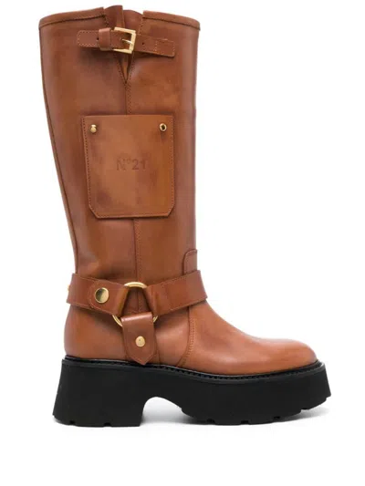 N°21 60mm Debossed-logo Leather Boots In Brown