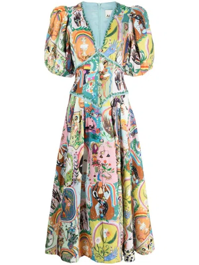 Alemais Evergreen Puff-sleeve Printed Linen Midi Dress In Multicolour
