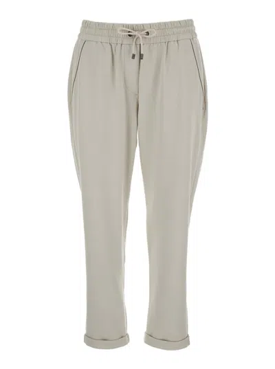 Brunello Cucinelli White Crop Pants With Elastic Waist In Stretch Cotton Woman In Grey