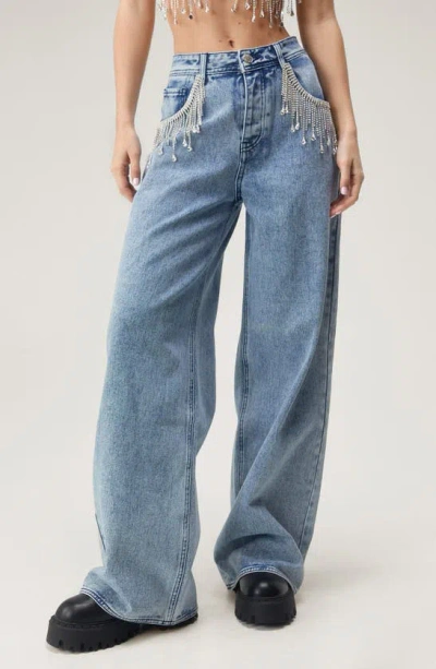 Nasty Gal Embellished Fringe Wide Leg Jeans In Authentic Mid Wash