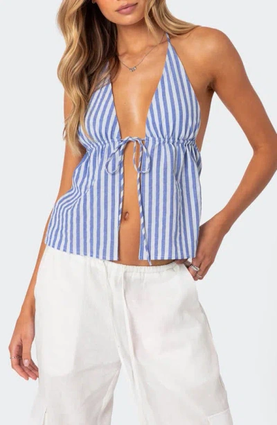 Edikted Madelyn Tie Front Top In Blue And White