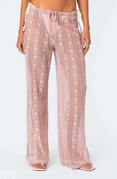 Edikted Emboidered Sheer Cotton Blend Lace Drawstring Cover-up Pants In Pink