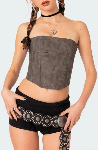 Edikted Christa Strapless Faux Leather Corset Crop Top In Gray