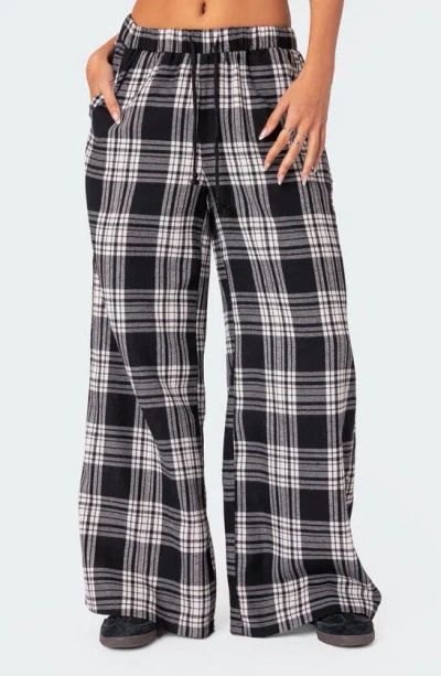 Edikted Lounge Around Plaid Wide Leg Pants In Black-and-white