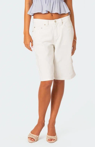 Edikted Low Rise Bermuda Denim Carpenter Shorts In White