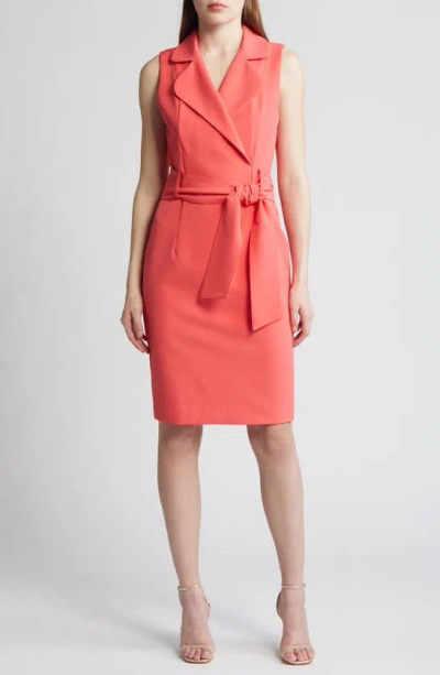 Black Halo Danic Collared Sheath Belted Dress In Coral