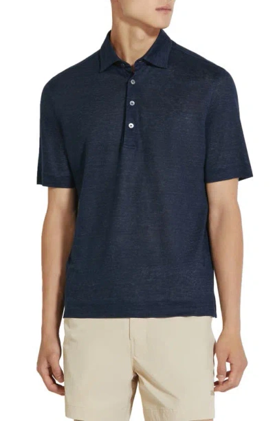 Zegna Linen Polo In Navy Solid