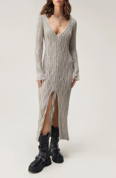 Nasty Gal Metallic Open Stitch Long Sleeve Jumper Dress In Silver