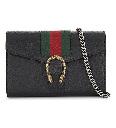 Gucci Web Stripe Leather Wallet On A Chain In Black/ Vert Red Vert