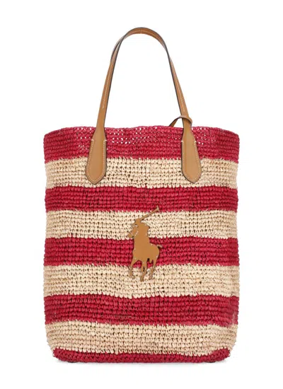 Ralph Lauren Raffia Tote Bag With Logo In Red