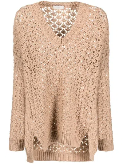 Agnona V-neck Cashmere Crochet Knit Sweater In Beige