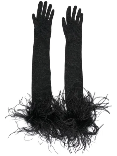 Oseree Feather-detail Long Gloves In Black