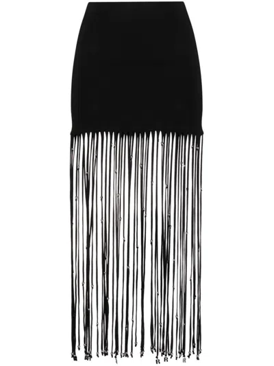 Rotate Birger Christensen Fringed Jersey Maxi Skirt In Black