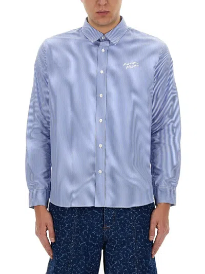 Maison Kitsuné Blue Striped Cotton Shirt In Azure