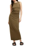 Allsaints Womens Olive Green Katarina Side-ruched Slim-fit Cotton Maxi Dress