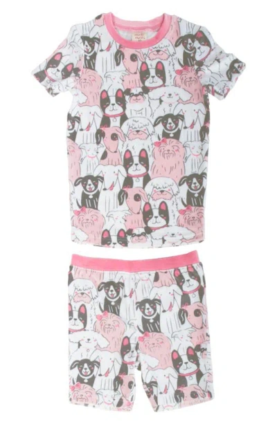 Munki Munki Kids' Puppy Pile Fitted Two-piece Pajamas In White Pink