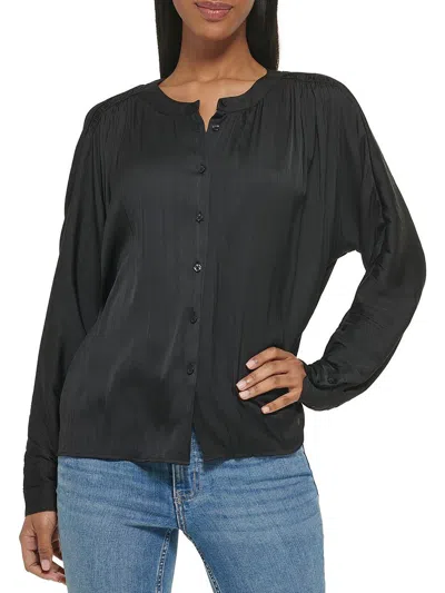 Calvin Klein Womens Pleated Banded Neck Button-down Top In Black