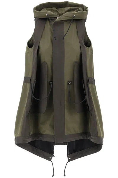 Sacai Nylon Hooded Drawcord Parka Vest In Green