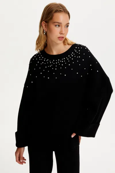 Nocturne Women's Crystal Stone Detailed Knit Sweater In Black