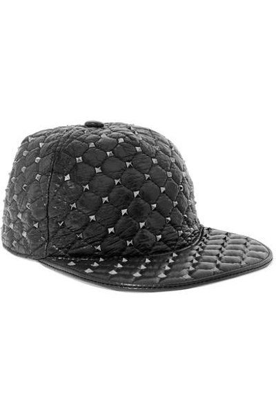Valentino Garavani The Rockstud Quilted Glossed Textured-leather Baseball Cap In Black