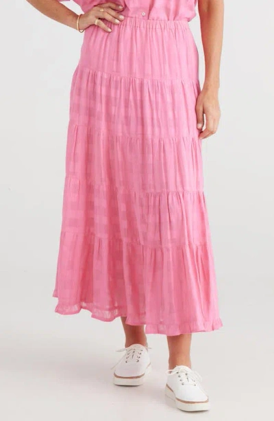 Brave + True Wonderland Tiered Cotton Maxi Skirt In Pink Window Check