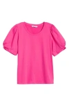 Brave + True Abigail Puff Sleeve Mixed Media Cotton Top In Hot Pink