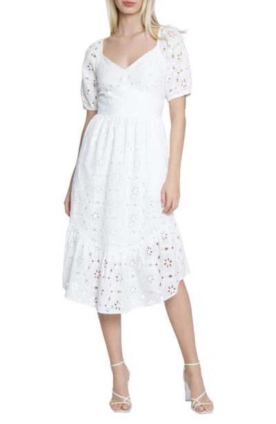Maggy London Eyelet Puff Sleeve Cotton Midi Dress In Ivory