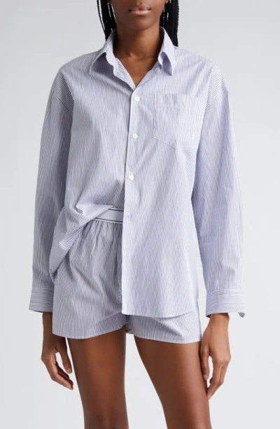 Sporty And Rich Stripe Cotton Button-up Shirt In White/ Navy Thin Stripe