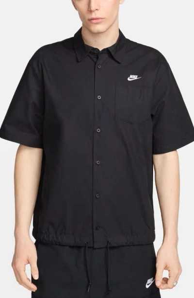 Nike Club Venice Short Sleeve Drawstring Hem Cotton Button-up Shirt In Black/white