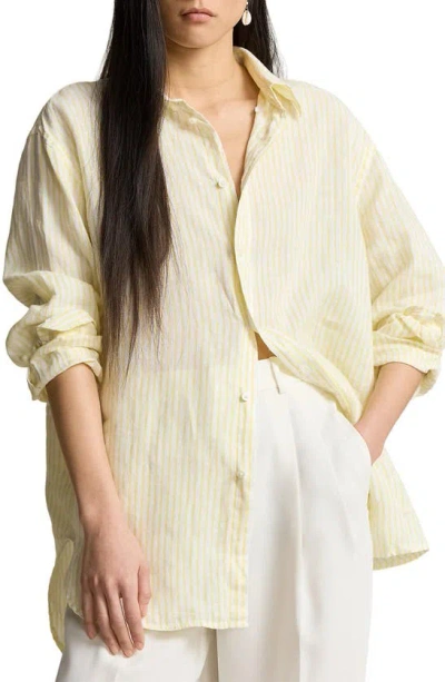 Polo Ralph Lauren Oversize Stripe Linen Button-down Shirt In Coastal Yellow/ White