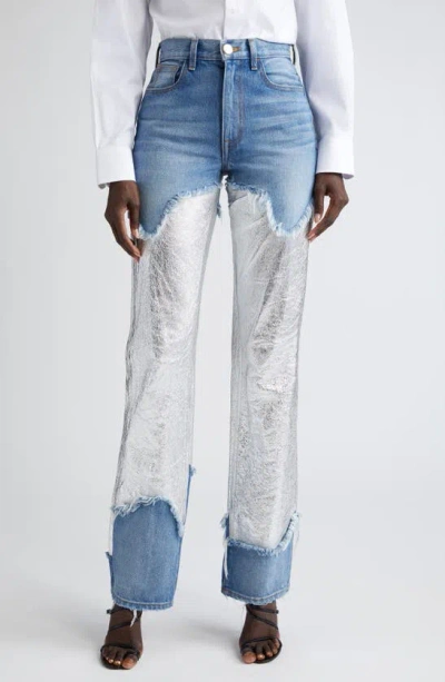 Brandon Maxwell The Cortlandt Denim Trousers With Metallic Leather Detail In Indigo And Silver